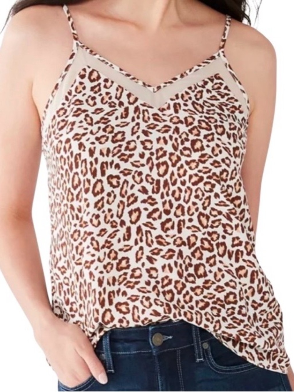 Nine West Women's M Leopard Print Camisole Tank Top Mesh Inset Adj Straps Casual